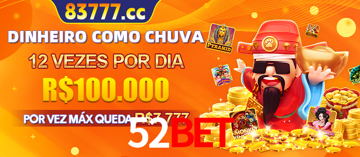 Banner do programa de recompensas Recomende para amigos do 52BET, detalhando os bônus por convidar amigos, com prêmios que chegam a R$288.888.