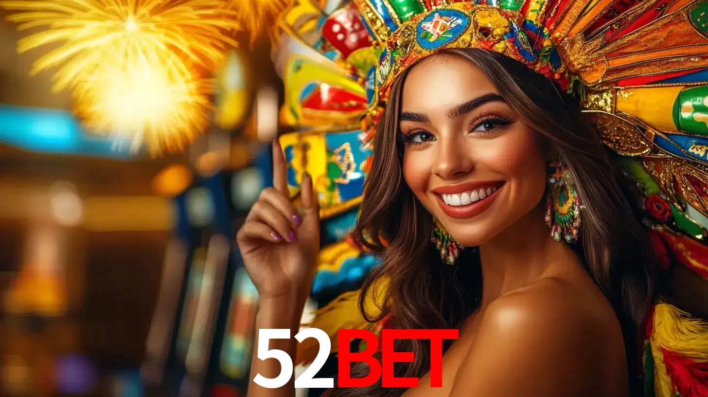 Mulher sorridente com um cocar de carnaval vibrante e colorido, celebrando uma grande vitória nos jogos do cassino 52BET com fogos de artifício ao fundo.