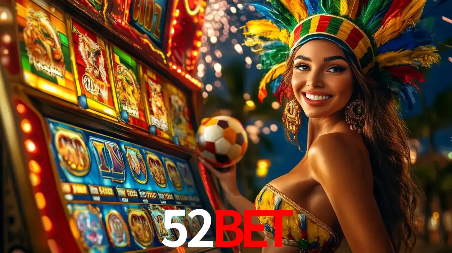 Mulher com um cocar de carnaval ao lado de uma máquina de caça-níqueis enquanto segura uma bola de futebol, mostrando a união da diversão de cassino e esportes no 52BET.
