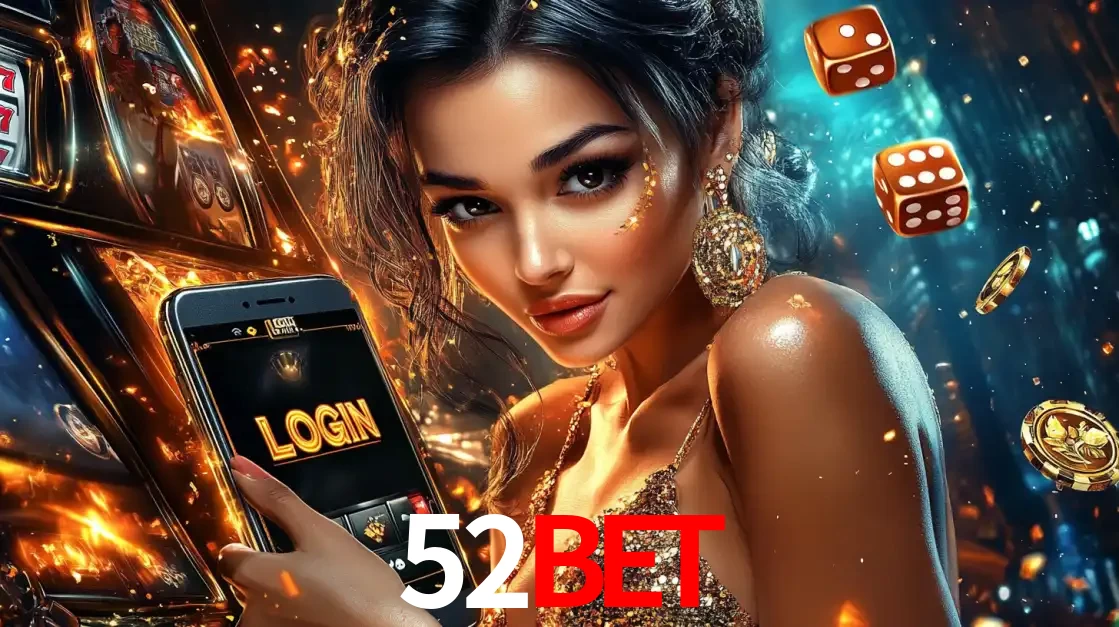 Mulher glamourosa segurando um celular com a tela de login do cassino 52BET, rodeada por dados e moedas douradas, pronta para começar a diversão.