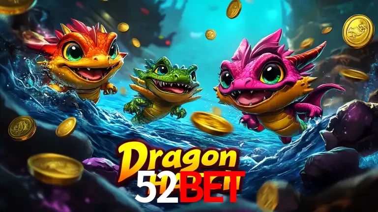 Arte promocional do jogo Dragon Hatch com três adoráveis dragões bebês nadando entre moedas de ouro, um dos slots mais divertidos para jogar no cassino 52BET.