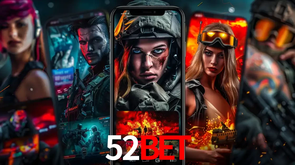 Montagem de telas de celular mostrando diversos personagens, masculinos e femininos, de um jogo de tiro, ilustrando a diversidade de equipes de e-sports para apostar no 52BET.