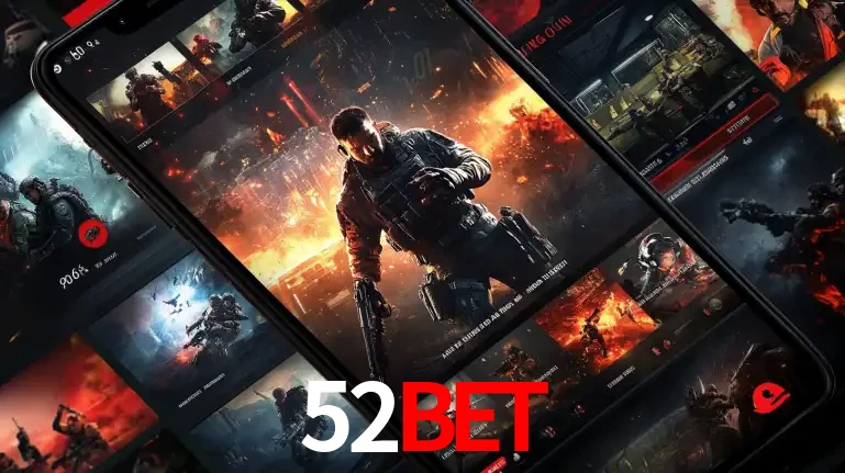 Tela de um celular exibindo uma galeria de jogos de tiro com temática militar, mostrando a variedade de e-sports disponíveis para apostas na plataforma de entretenimento 52BET.
