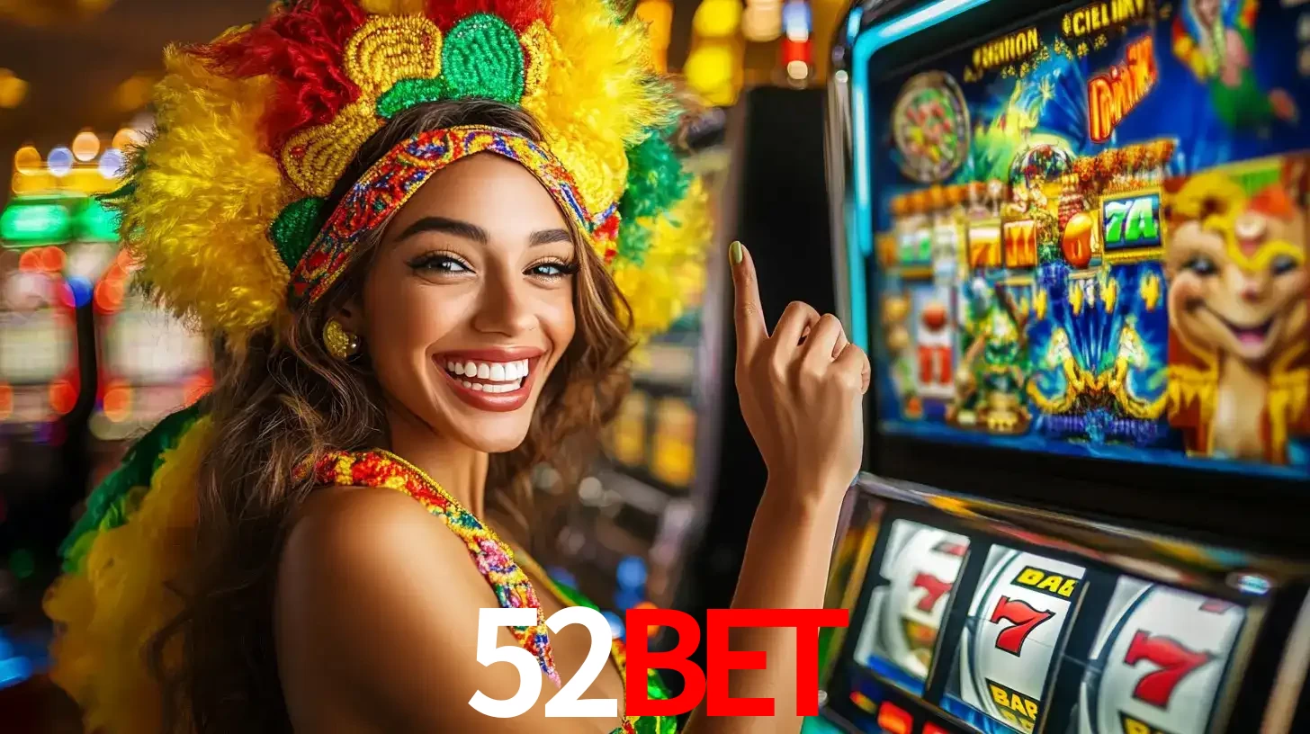 Mulher animada com um cocar de carnaval apontando para uma máquina de caça-níqueis, mostrando a emoção de ganhar um grande prêmio nos jogos do 52BET.