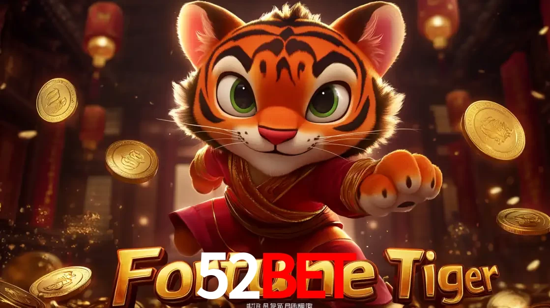 O carismático mascote do jogo de slot Fortune Tiger, um tigre fofo em pose de artes marciais, pronto para trazer sorte e multiplicadores de ganhos no cassino online 52BET.