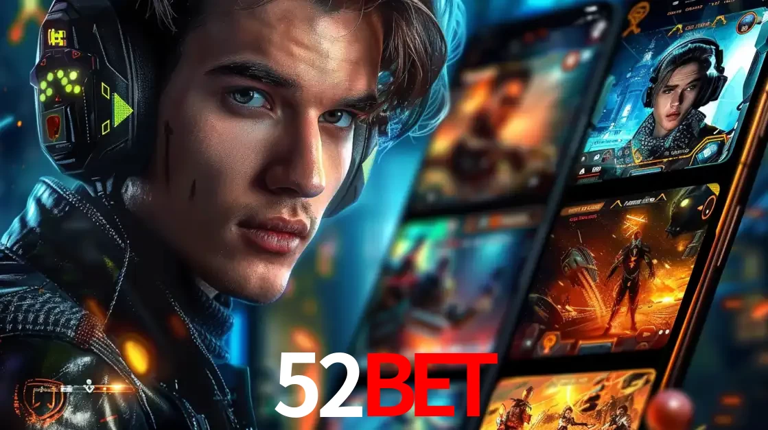 Jovem jogador com fones de ouvido olhando para a câmera, com um aplicativo de jogos e e-sports para celular ao fundo, pronto para a competição e apostas no 52BET.