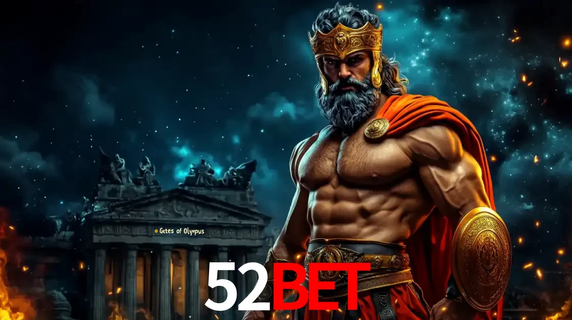 O poderoso Zeus do jogo de slot Gates of Olympus em frente ao seu templo, pronto para lançar multiplicadores divinos e prêmios épicos no cassino online 52BET.