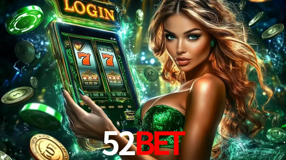 Mulher com tema verde apresentando o aplicativo do cassino 52BET com um jogo de slot de 777, cercada por fichas de cassino e uma aura de sorte.