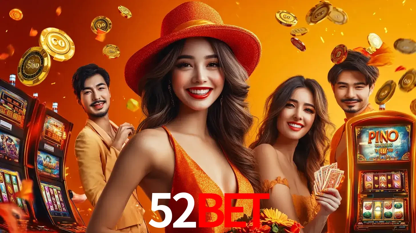 Grupo de amigos asiáticos sorrindo e se divertindo com máquinas de caça-níqueis em um ambiente festivo, celebrando suas vitórias nos jogos de cassino do 52BET.