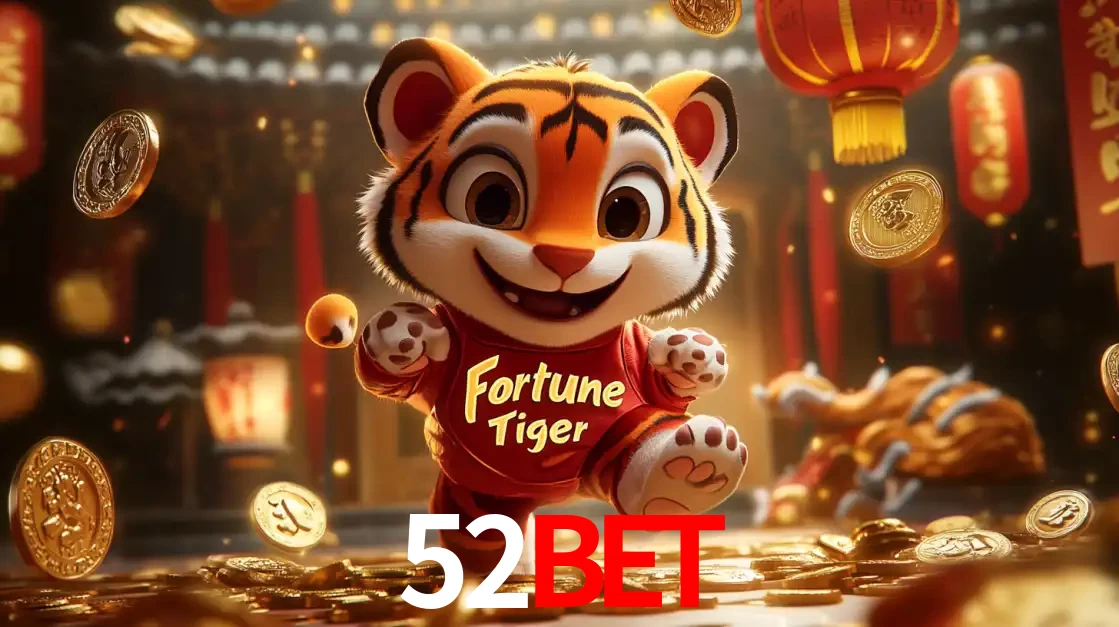 O alegre personagem do Fortune Tiger correndo sobre um caminho de moedas de ouro, simbolizando os grandes prêmios e a diversão do popular jogo de slot do 52BET.