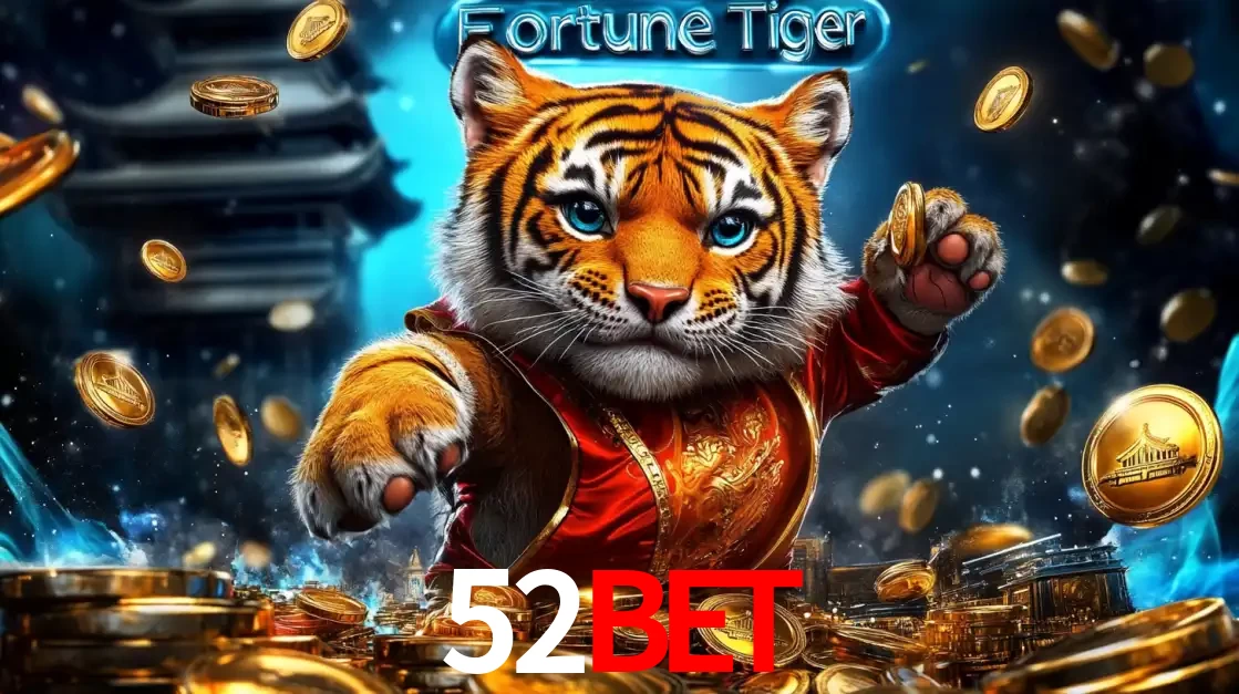 Imagem promocional do jogo de slot Fortune Tiger, com um tigre majestoso em traje tradicional cercado por uma fortuna em moedas de ouro, disponível agora no cassino 52BET.