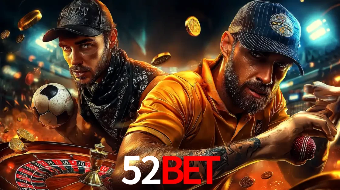 Montagem de apostas esportivas e cassino no 52BET, com um homem segurando uma bola de futebol e outro uma de beisebol sobre uma roleta e moedas voadoras.