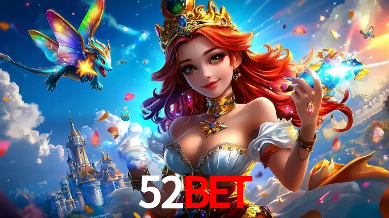 A princesa de um reino de fantasia mágico, com seu pequeno dragão, apresentando um mundo de prêmios encantados nos jogos de caça-níqueis do cassino 52BET.