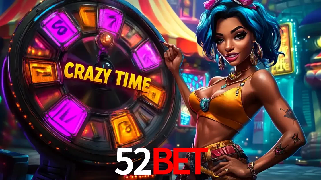 Mulher estilizada com cabelo azul e visual vibrante posando ao lado da roda de prêmios do game show Crazy Time, convidando para a diversão e os bônus do cassino 52BET.