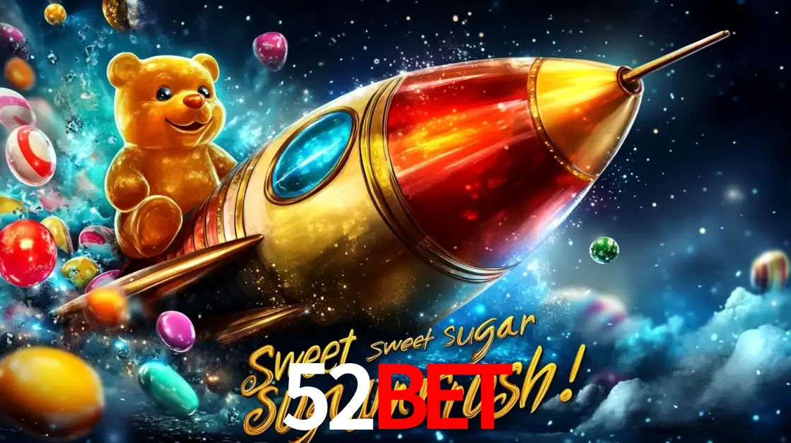 Arte promocional do jogo de slot Sugar Rush, com um urso de pelúcia em um foguete viajando pelo espaço de doces, um dos jogos divertidos disponíveis no cassino 52BET.