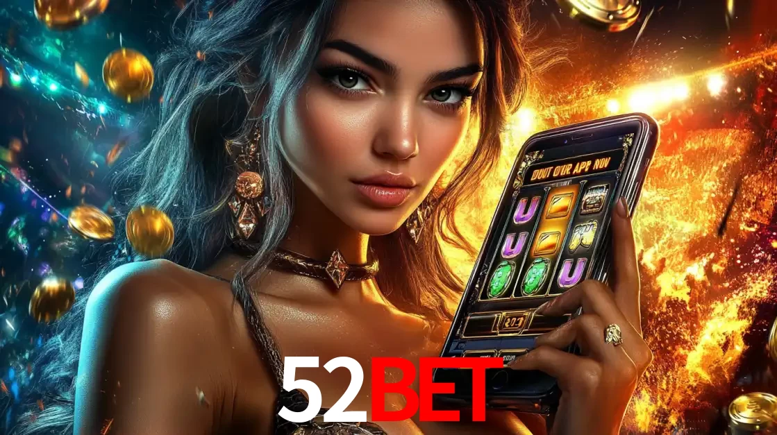 Mulher elegante mostrando um jogo de caça-níqueis em seu smartphone, destacando a experiência de cassino móvel oferecida pelo aplicativo 52BET.