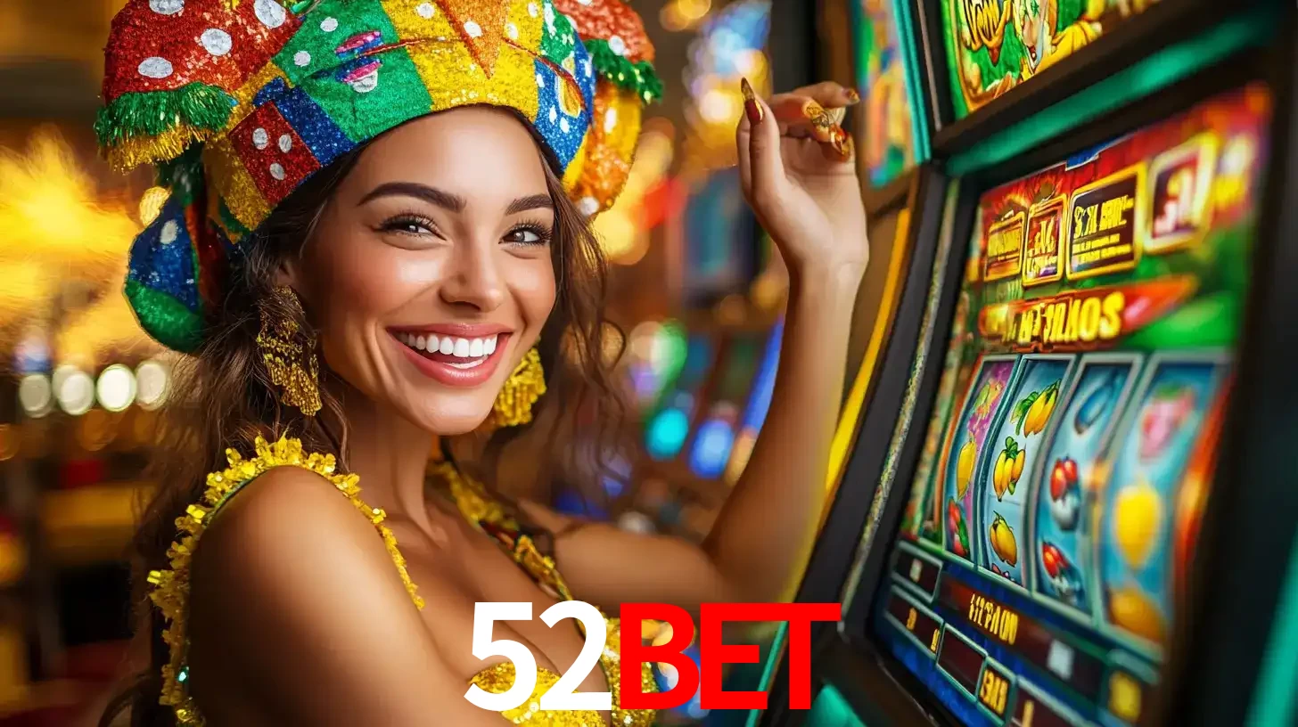 Mulher feliz com traje de carnaval amarelo e colorido ao lado de uma máquina de caça-níqueis, aproveitando a diversão e os jogos temáticos do cassino 52BET.