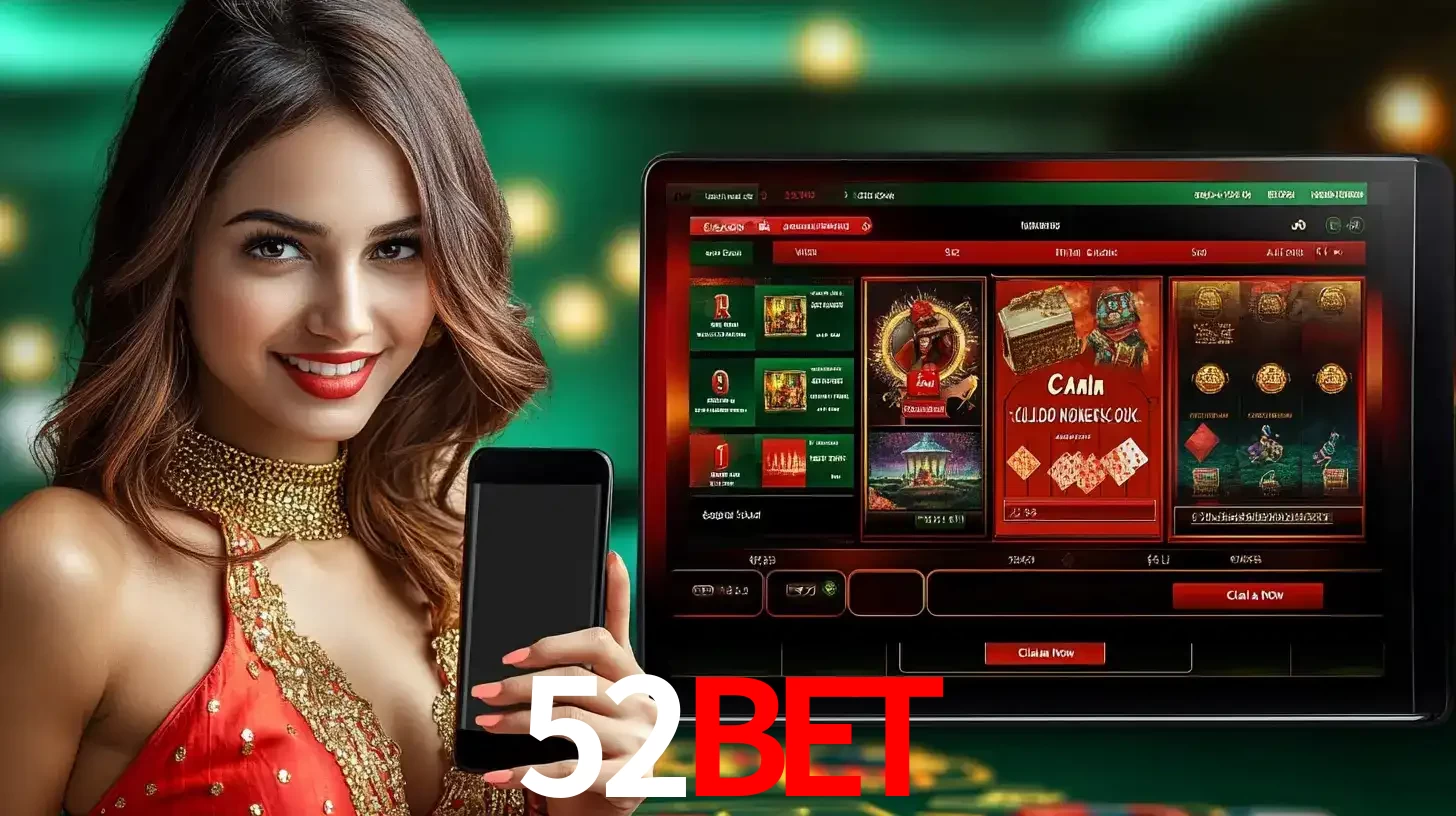 Mulher sorridente segurando um smartphone, ao lado de uma tela exibindo o lobby de jogos do cassino online 52BET, com várias opções de jogos de cartas e slots.